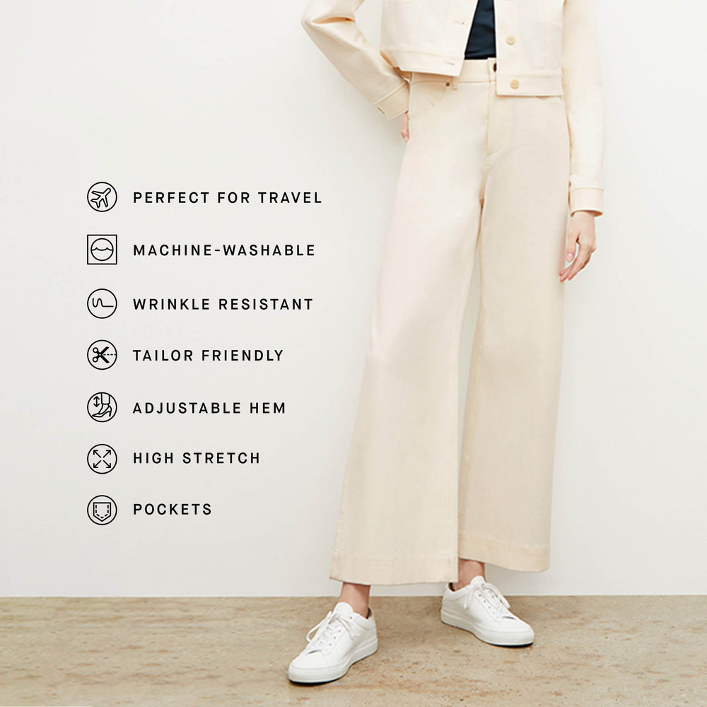 image of a woman wearing the milo jeans in tusk with the features listed