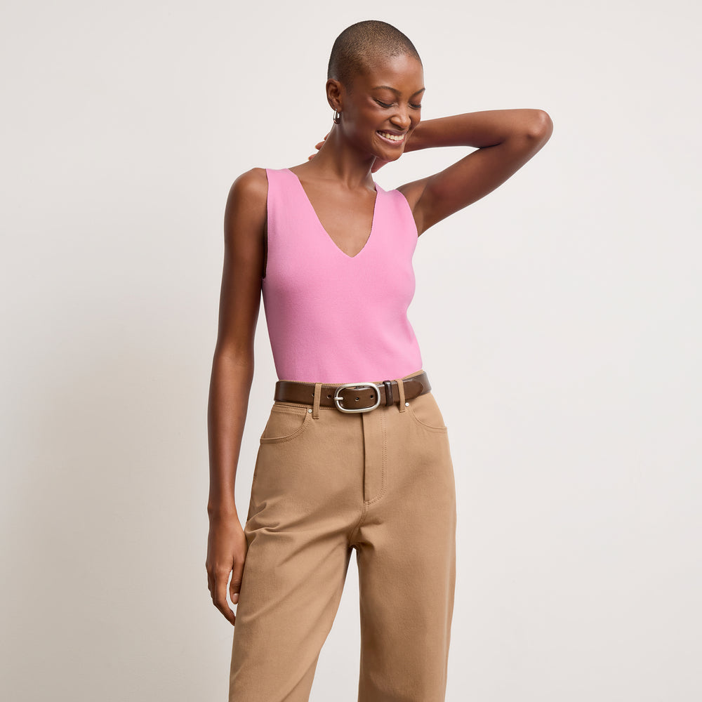 front image of a woman wearing the alecia top in lotus