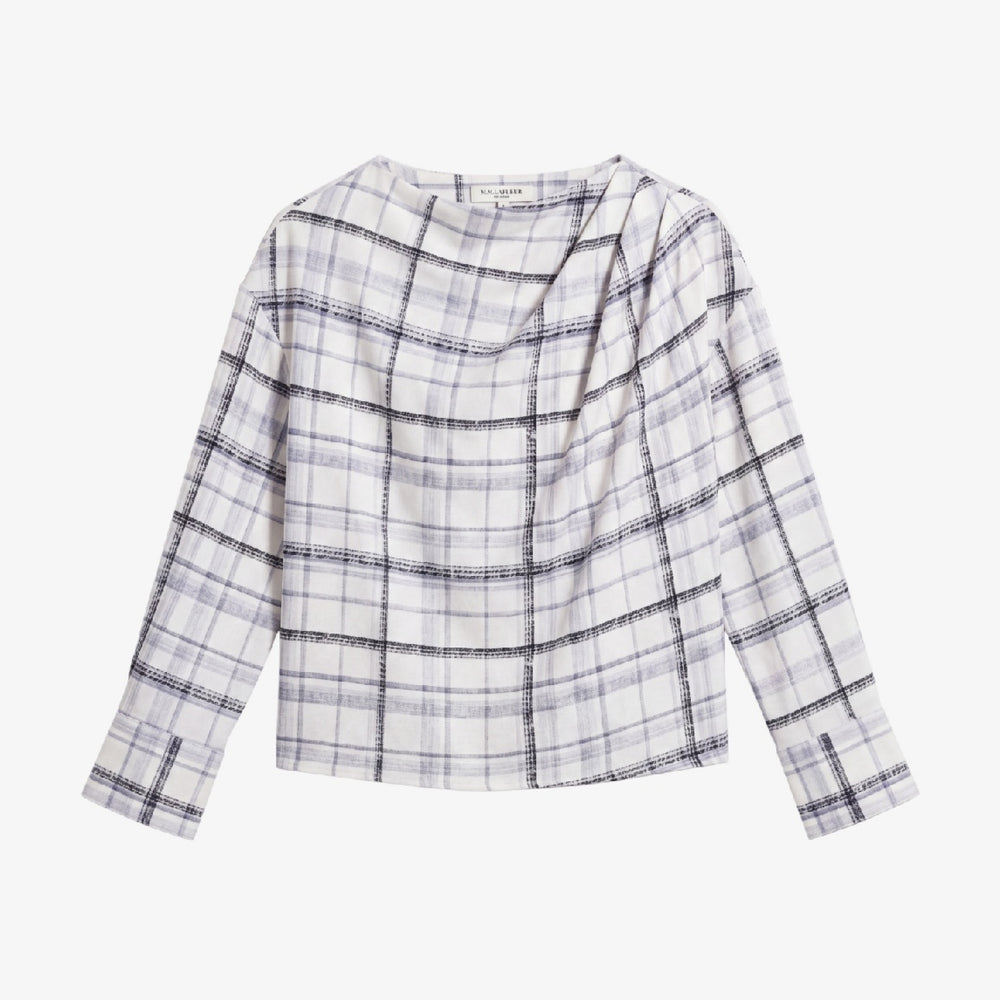 Packshot image of a long sleeve white and gray plaid silk shirt with a cowl neckline