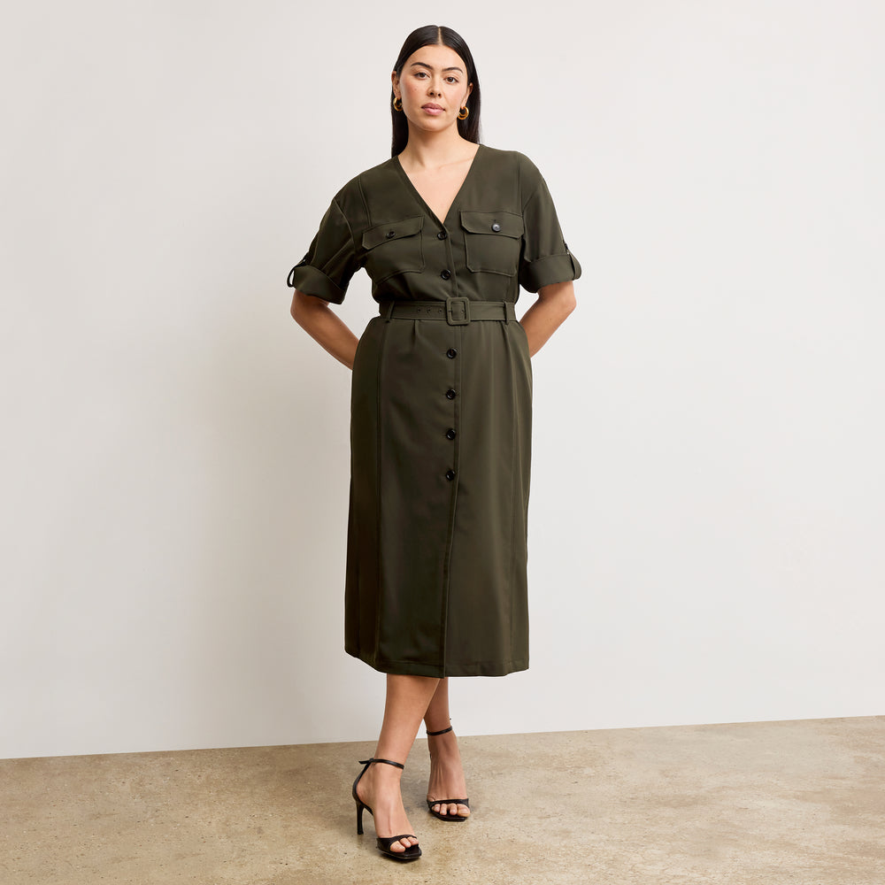 Front image of a woman wearing the Artemis Dress in Olive