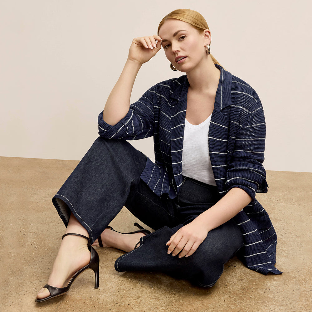 front image of a woman wearing the cody jardigan in dot knit