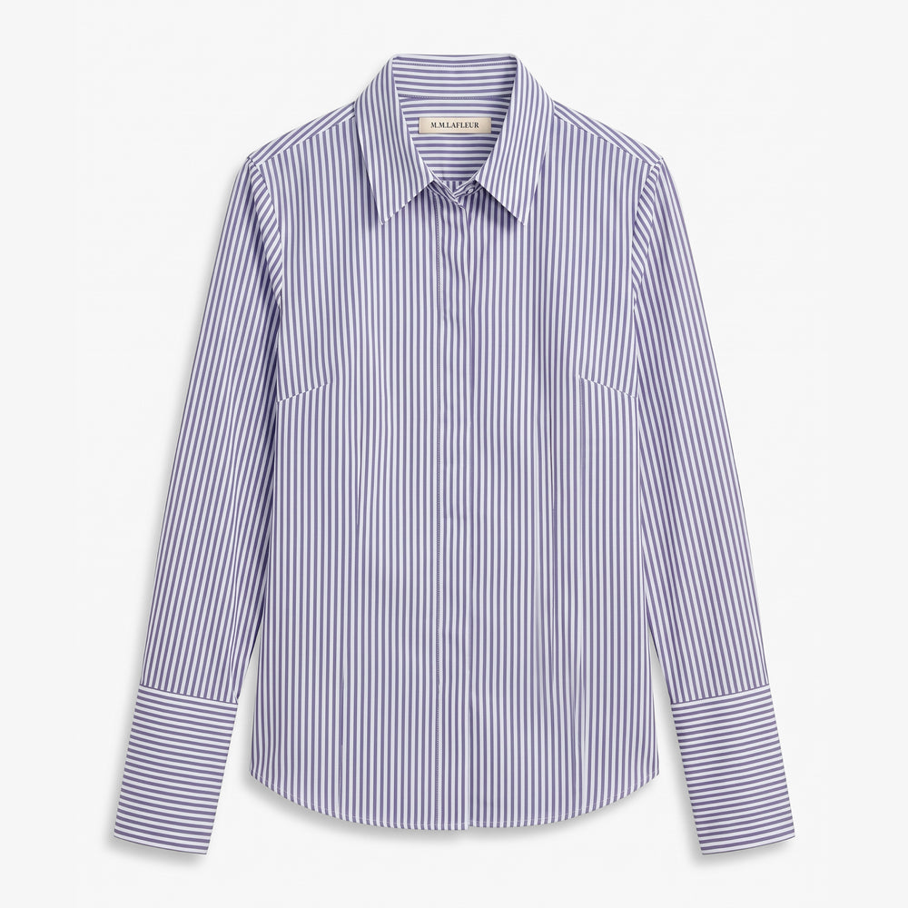 A long-sleeve striped button-up shirt