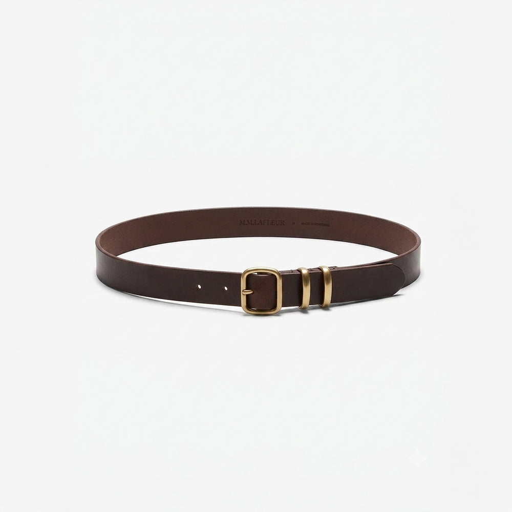 A dark brown leather belt with a gold-tone buckle and matching gold-tone tip, displayed on a clean white background.