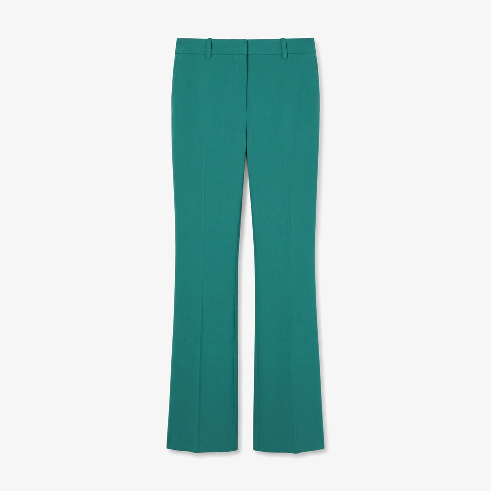 A pair of teal green wide-leg trousers shown flat against a light gray background.