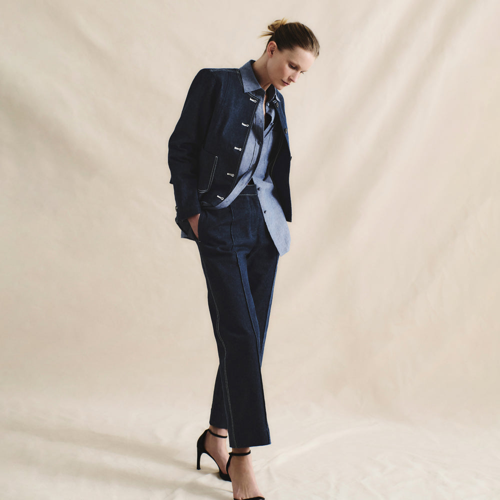 front image of a woman wearing the siobhan top in clear blue