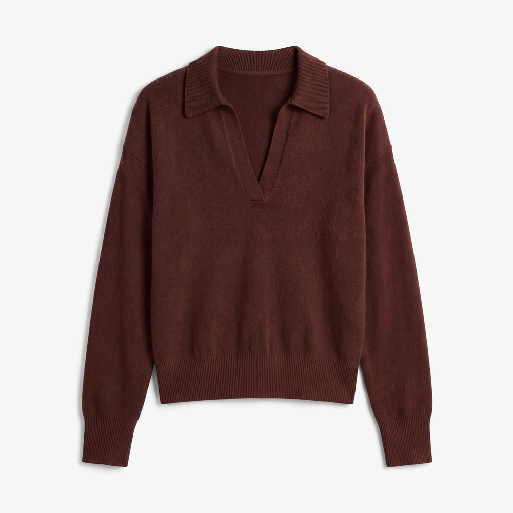 Packshot image of a long sleeve, v-neck brown cashmere sweater