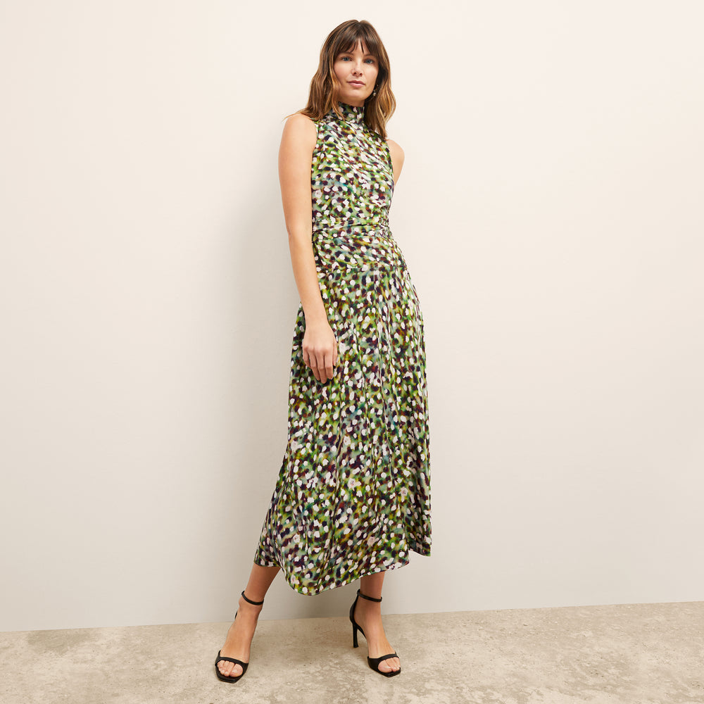 front image of a woman wearing the martina dress in spotlight print