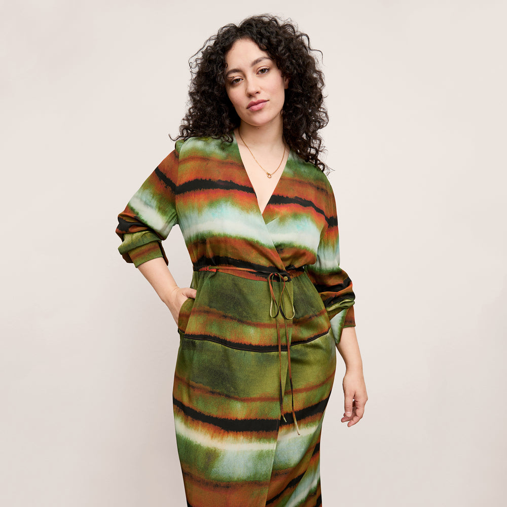Front image of a woman wearing the Deana dress in Faded Print