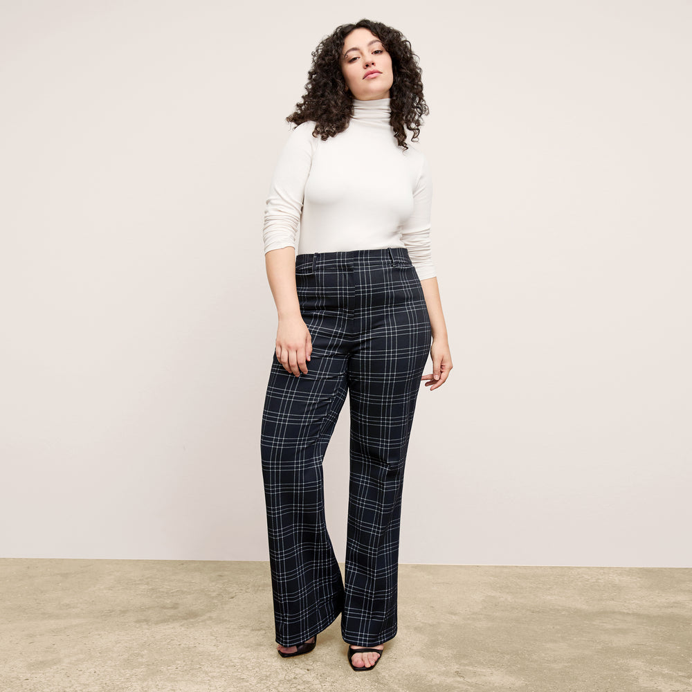 front image of a woman wearing the horton pant in black/white
