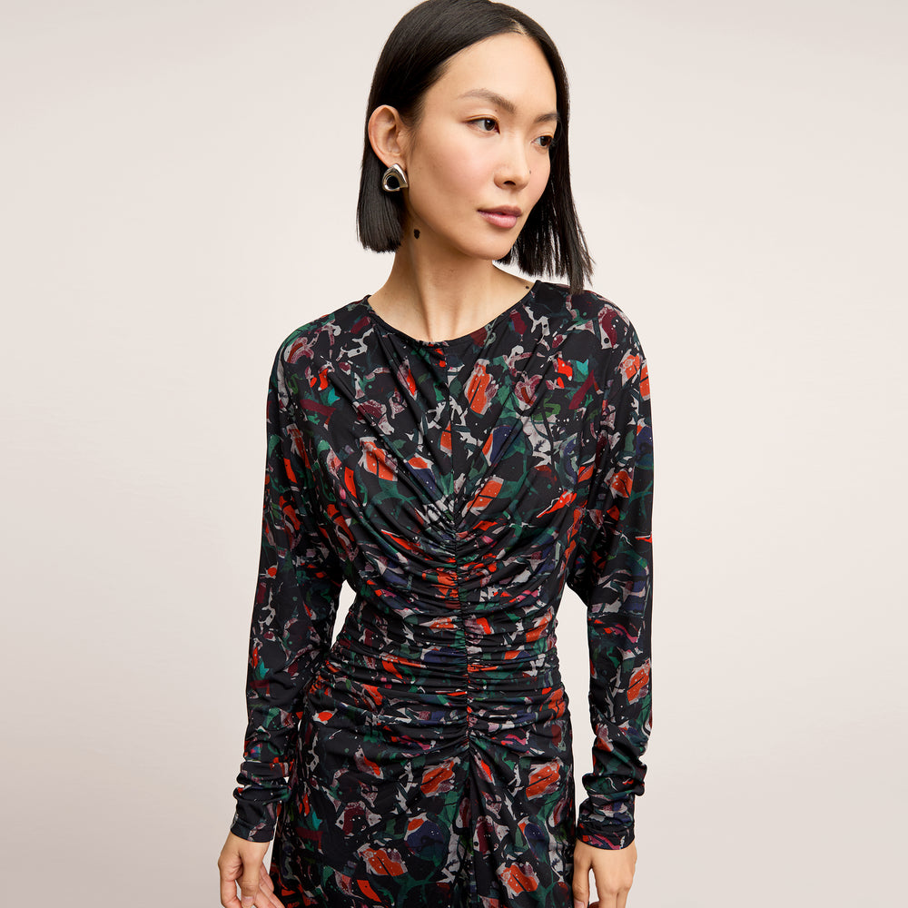front image of a woman wearing the johnna dress in splatter pop