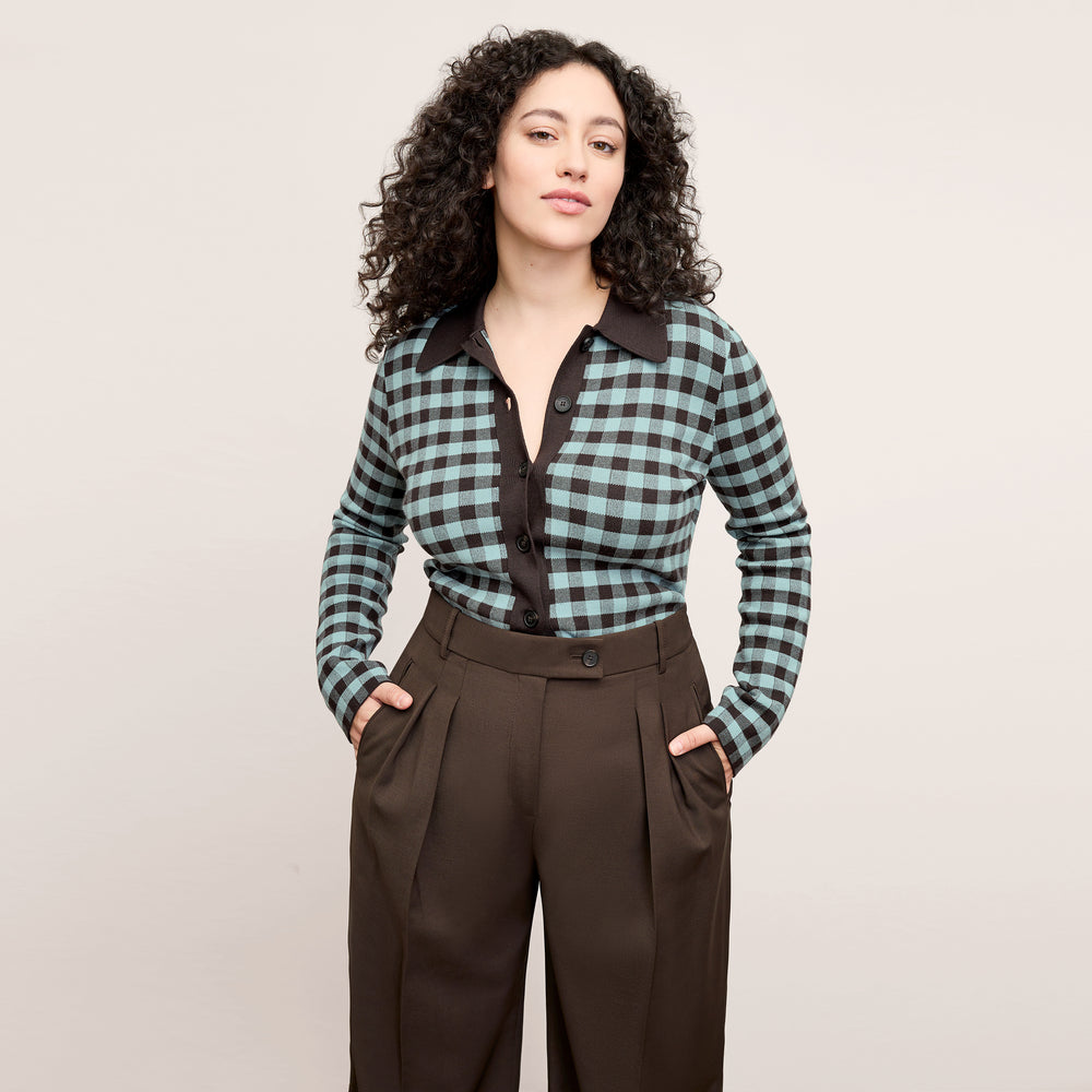Front image of a woman wearing the Lacie Top in Picnic Check