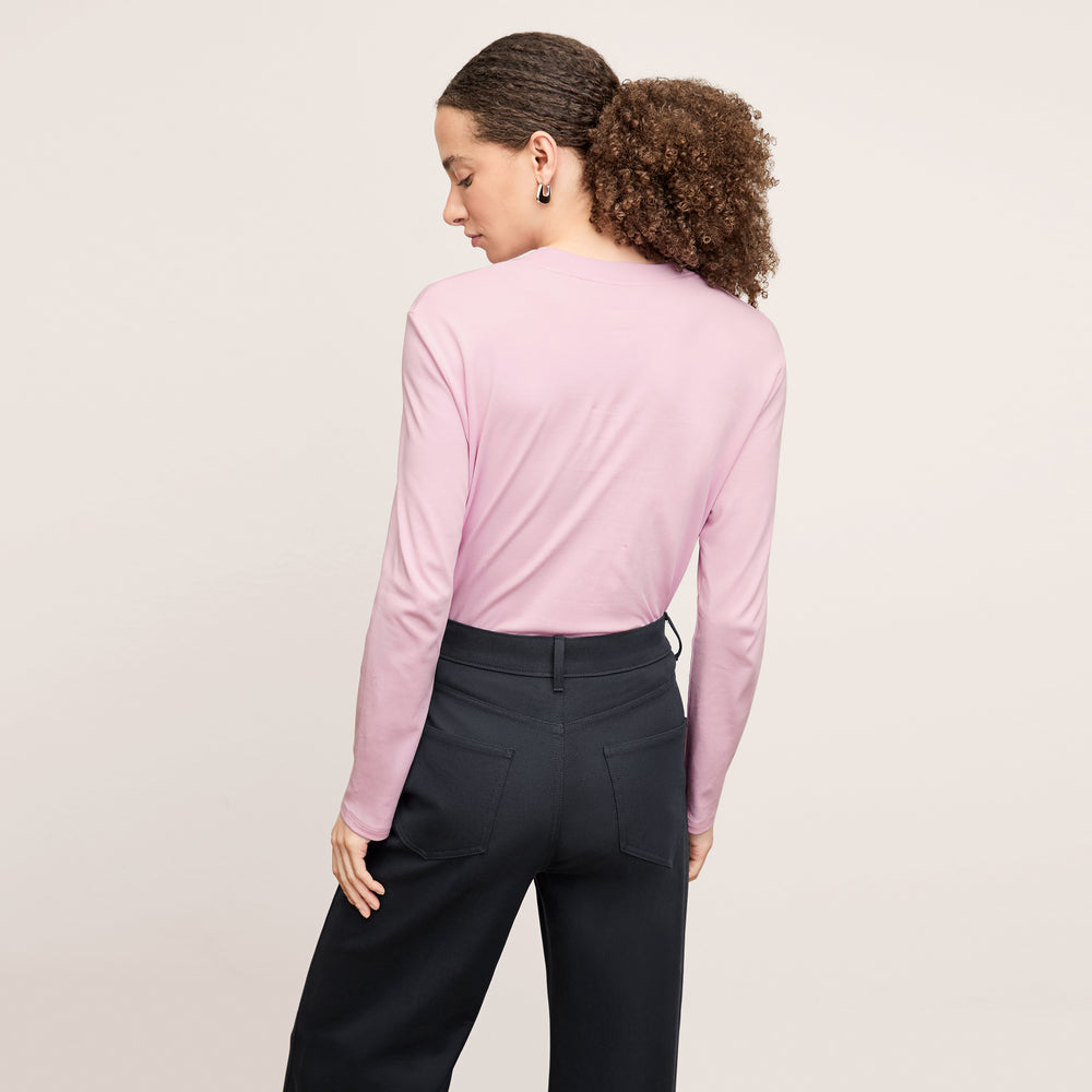 back image of a woman wearing the raquel top in hyacinth
