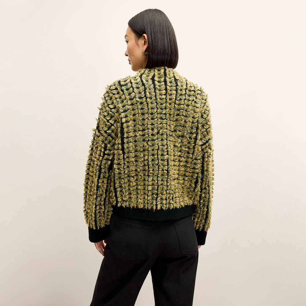 back image of a woman wearing the Rajni Sweater in multi