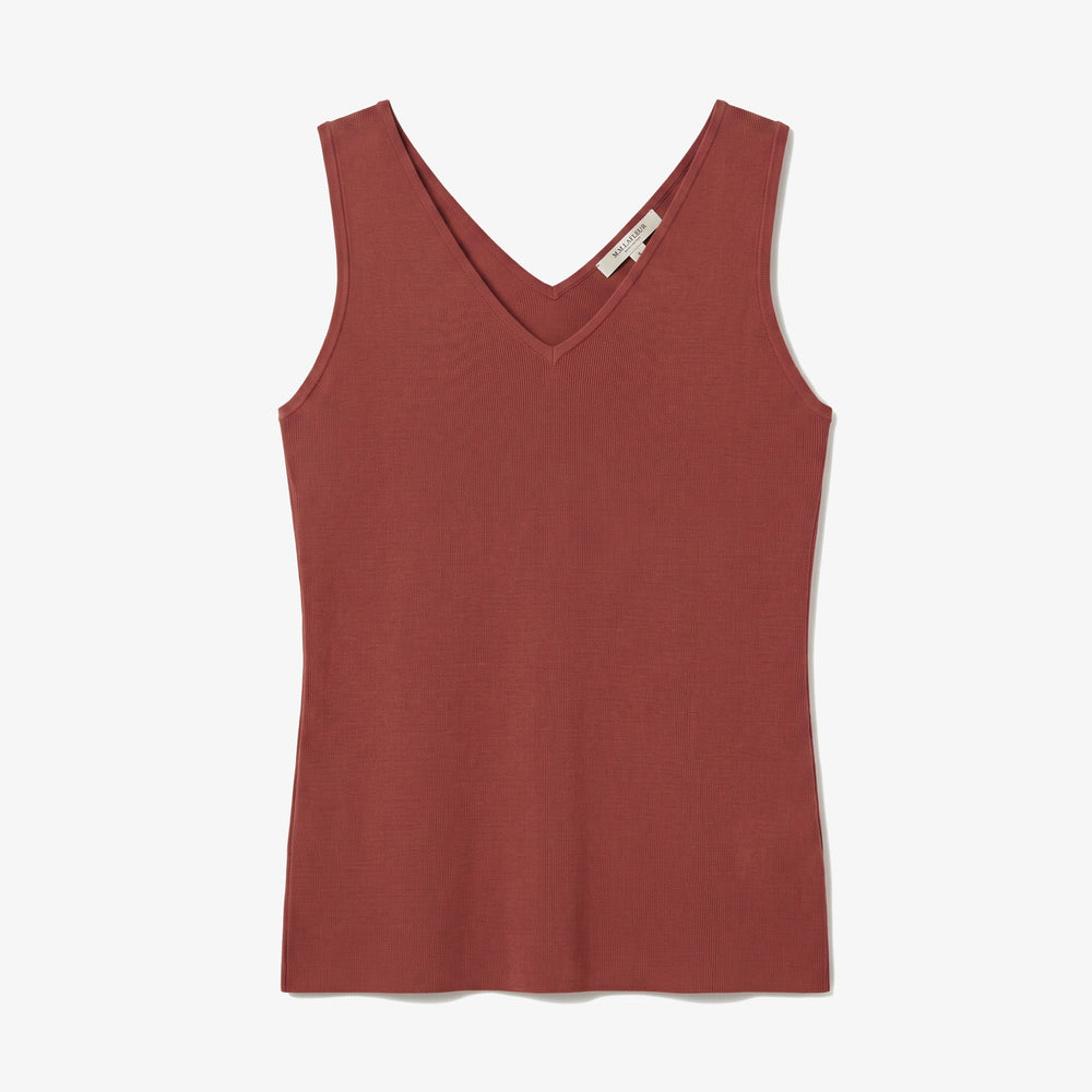 A sleeveless V-neck tank top in a muted terracotta or rust color, displayed flat against a clean off-white background.