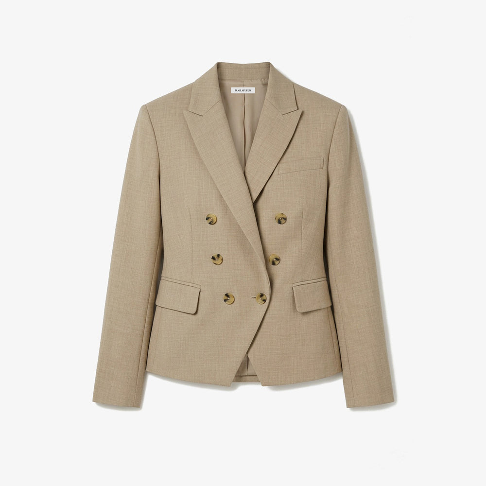 Beige blazer with gold buttons on a white background