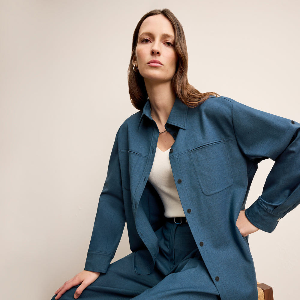 front image of a woman wearing the russell top in bluebell