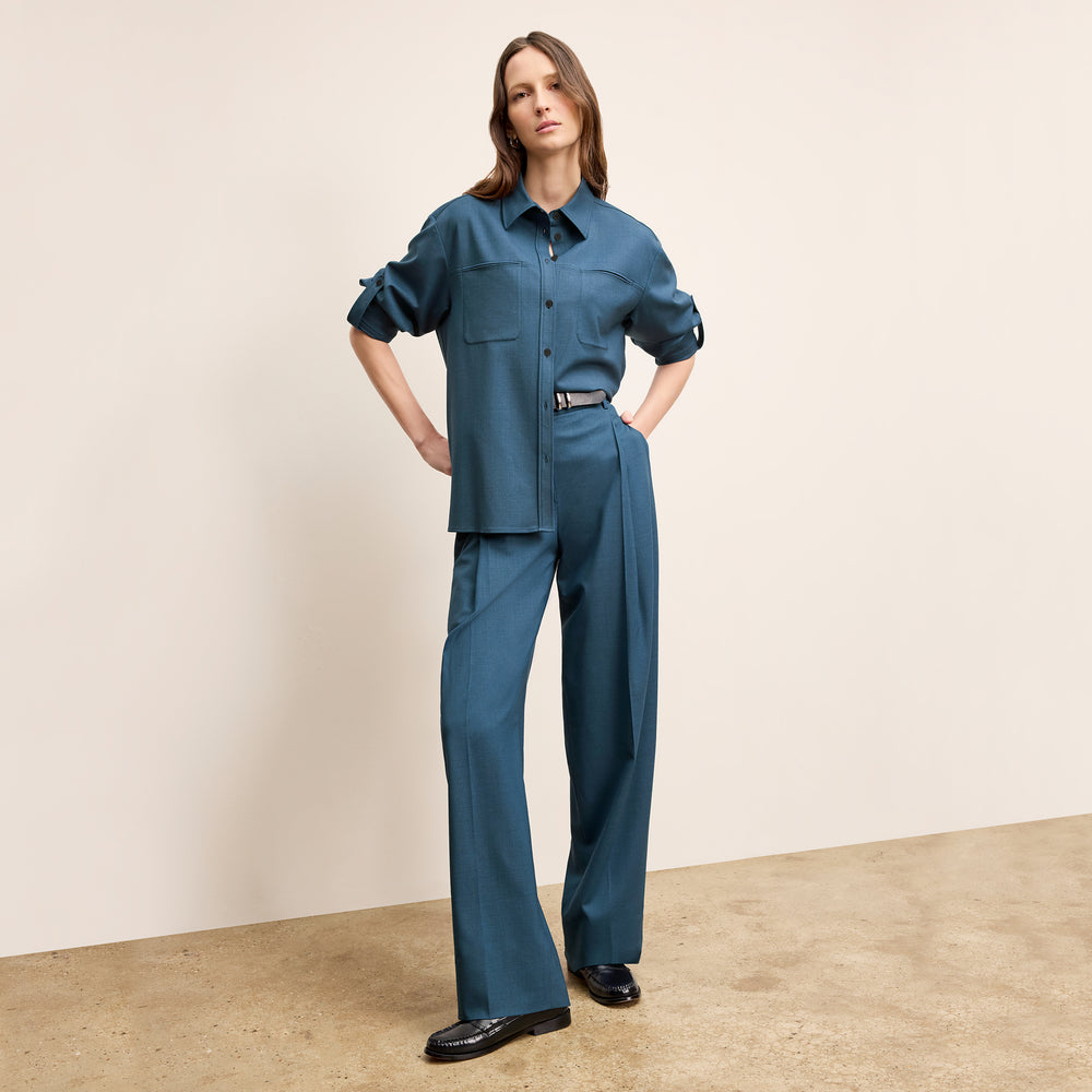 front image of a woman wearing the russell top in bluebell