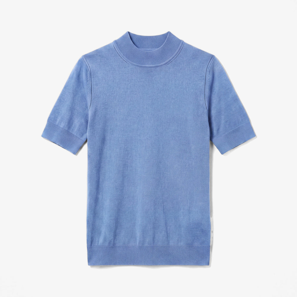 Blue splendor colored short sleeve sweater with ribbed detailing on the neck, hem, and sleeves
