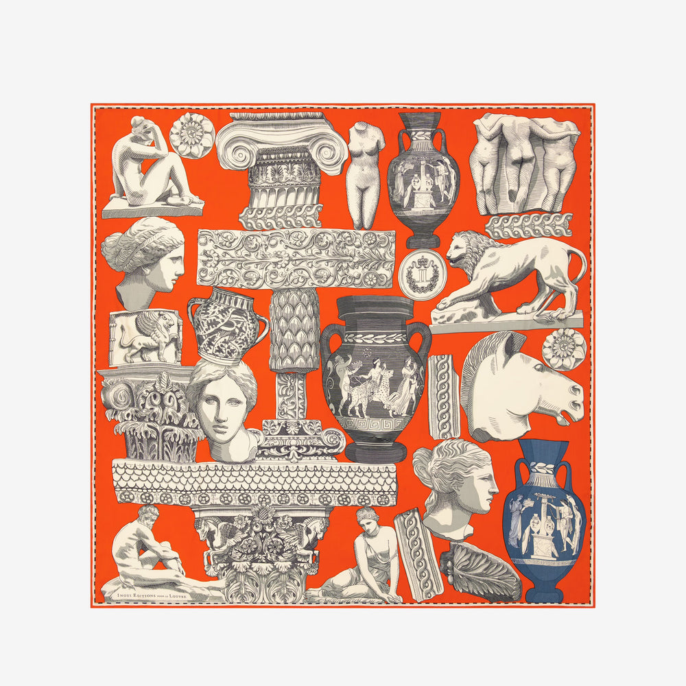Collection of classical sculptures and architectural elements on a red background
