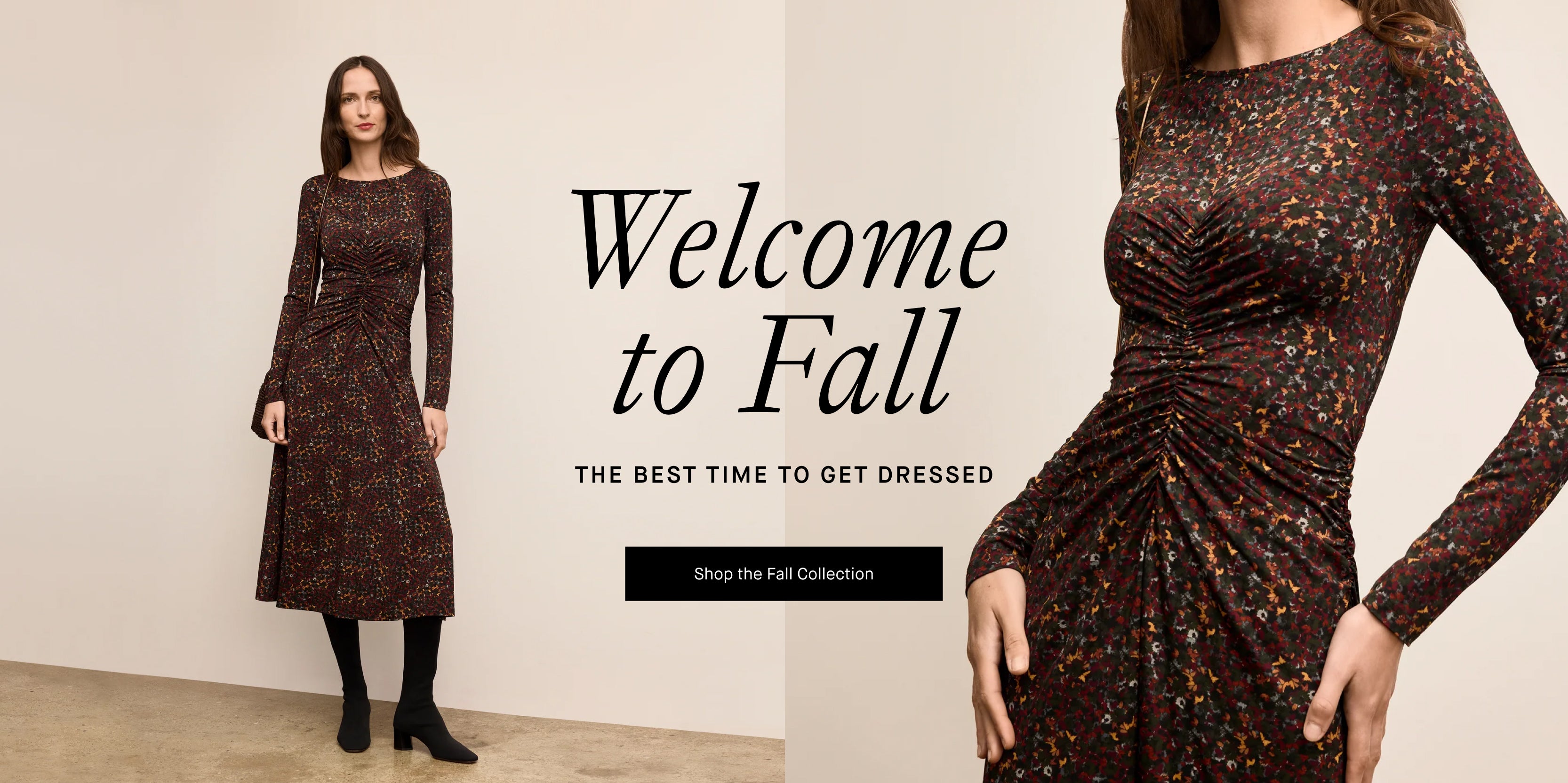 Woman wearing a patterned dress with 'Welcome to Fall' text on a beige background