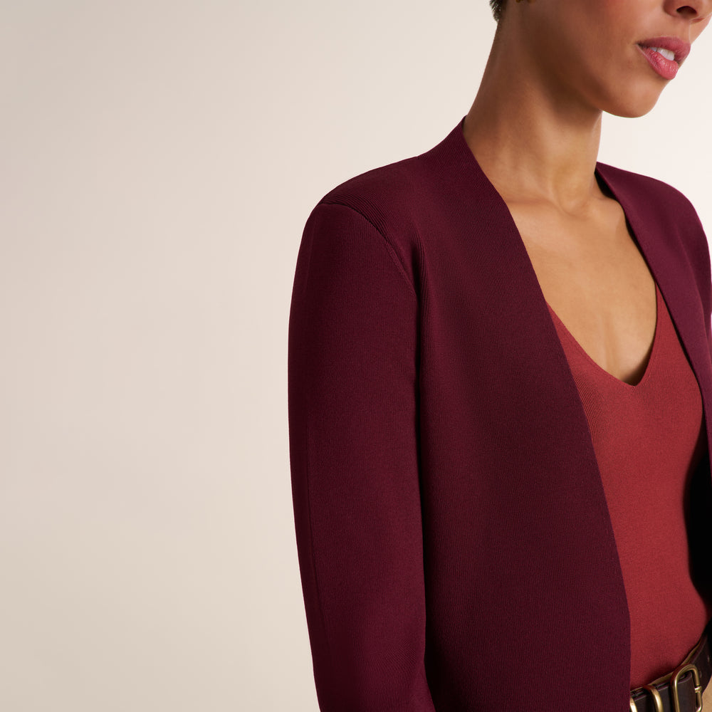 A close-up of a model wearing a deep burgundy open-front blazer over a matching burgundy V-neck top, set against a plain beige background.