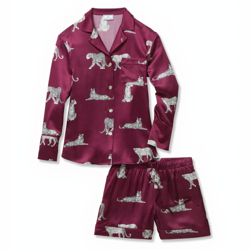 Petite Plume Silk Long Sleeve Short Set in Merlot Panthère