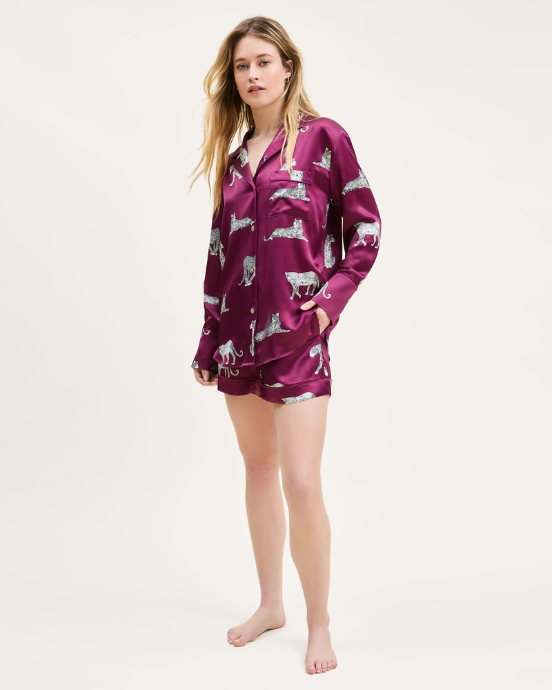 Petite Plume Silk Long Sleeve Short Set in Merlot Panthère