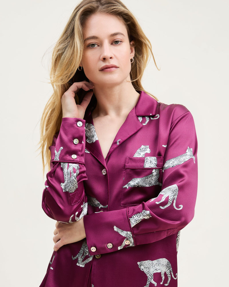 Petite Plume Silk Long Sleeve Short Set in Merlot Panthère