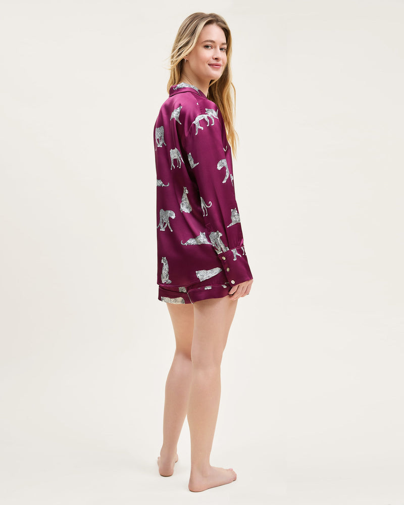 Petite Plume Silk Long Sleeve Short Set in Merlot Panthère
