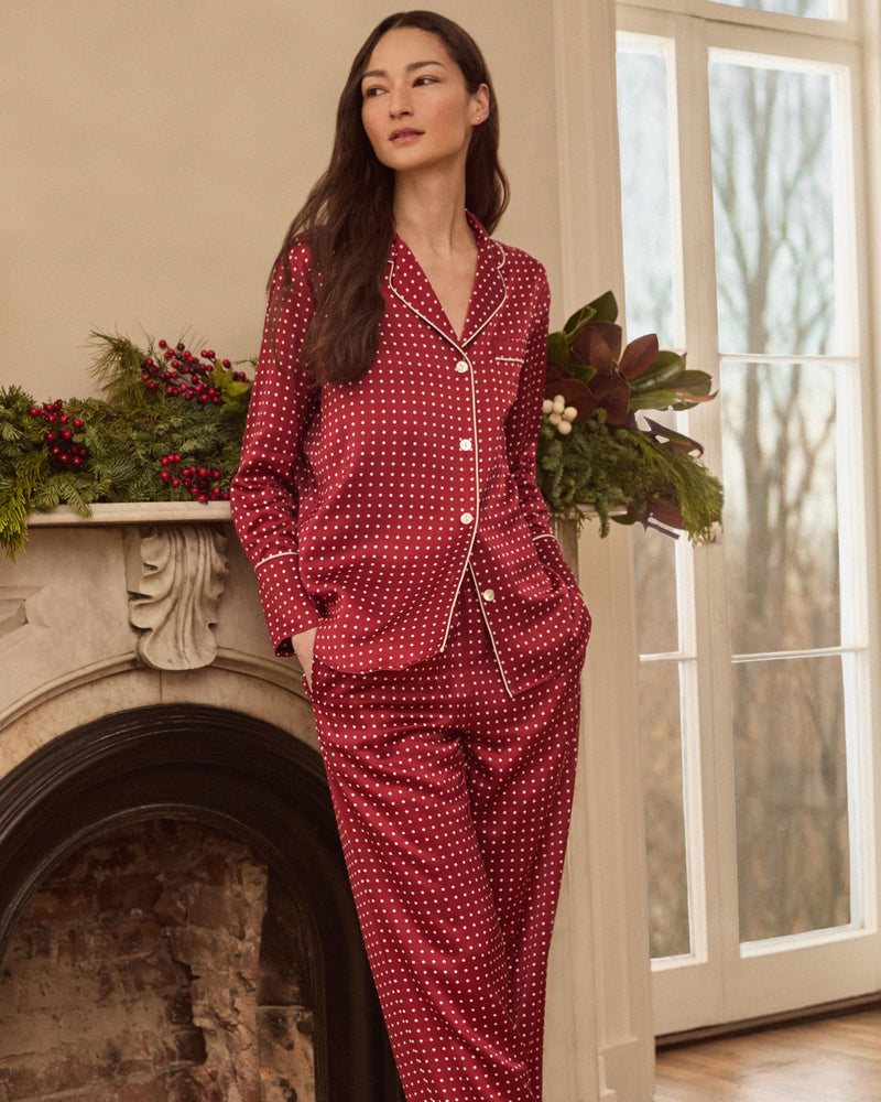 Petite Plume Silk Pajama Set in Bordeaux Polka Dot