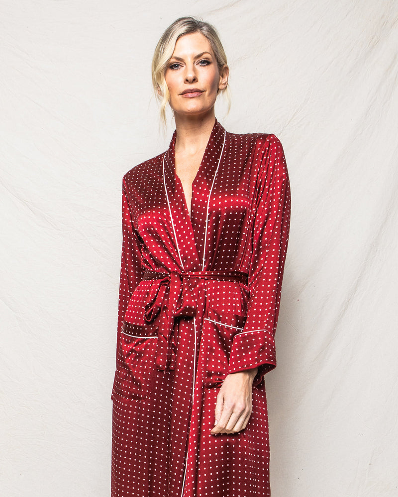 Petite Plume Silk Long Robe in Bordeaux Polka Dot