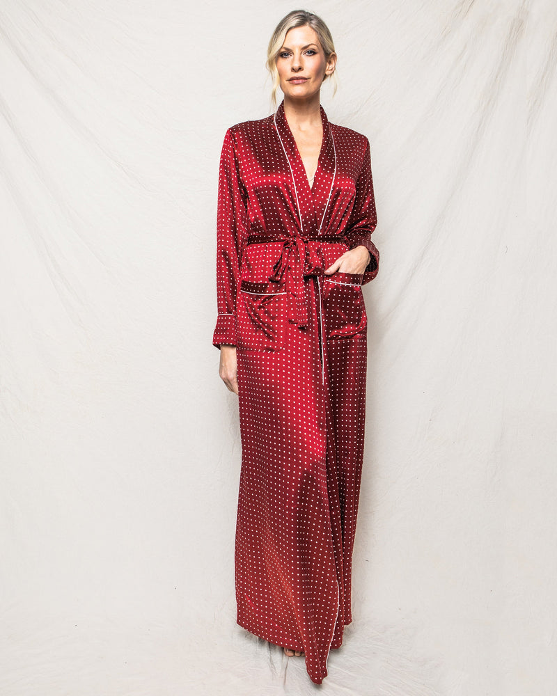 Petite Plume Silk Long Robe in Bordeaux Polka Dot