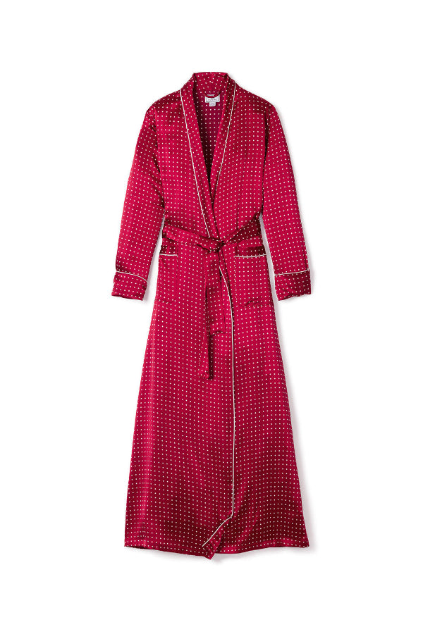 Petite Plume Silk Long Robe in Bordeaux Polka Dot