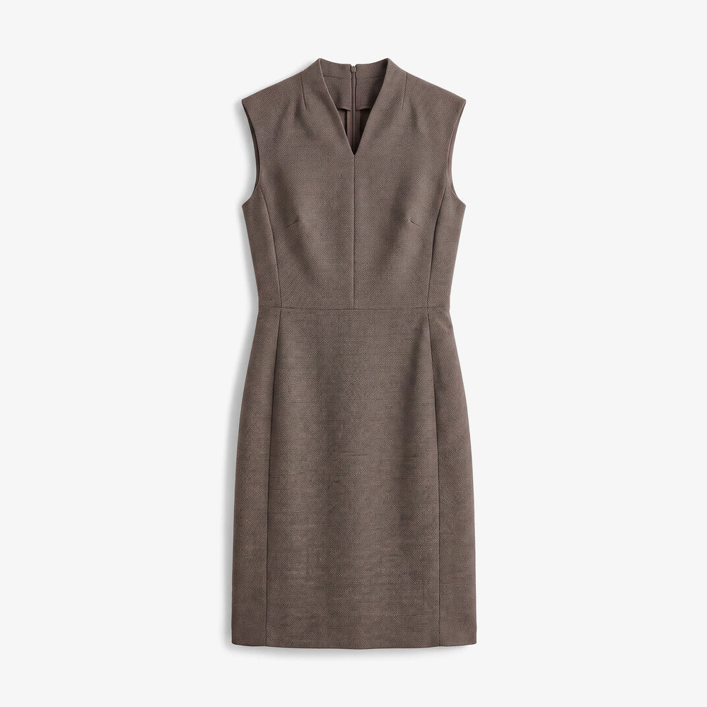 Packshot of a brown and charcoal sleeveless v-neck dress