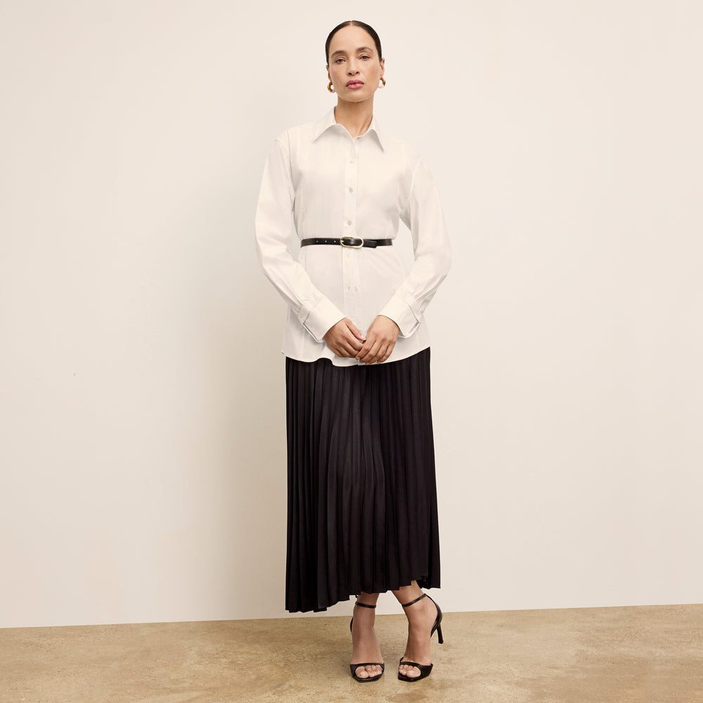 front image of a woman wearing the bentley shirt in eggshell