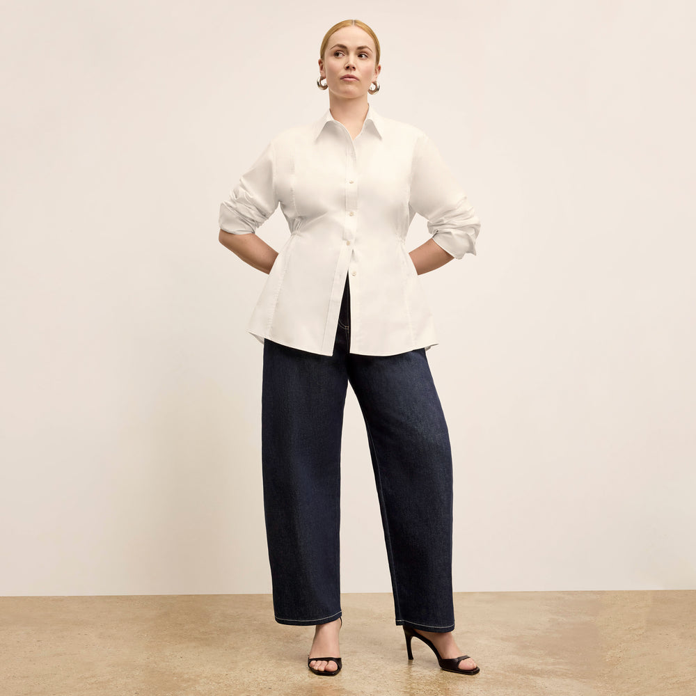 front image of a woman wearing the bentley shirt in eggshell