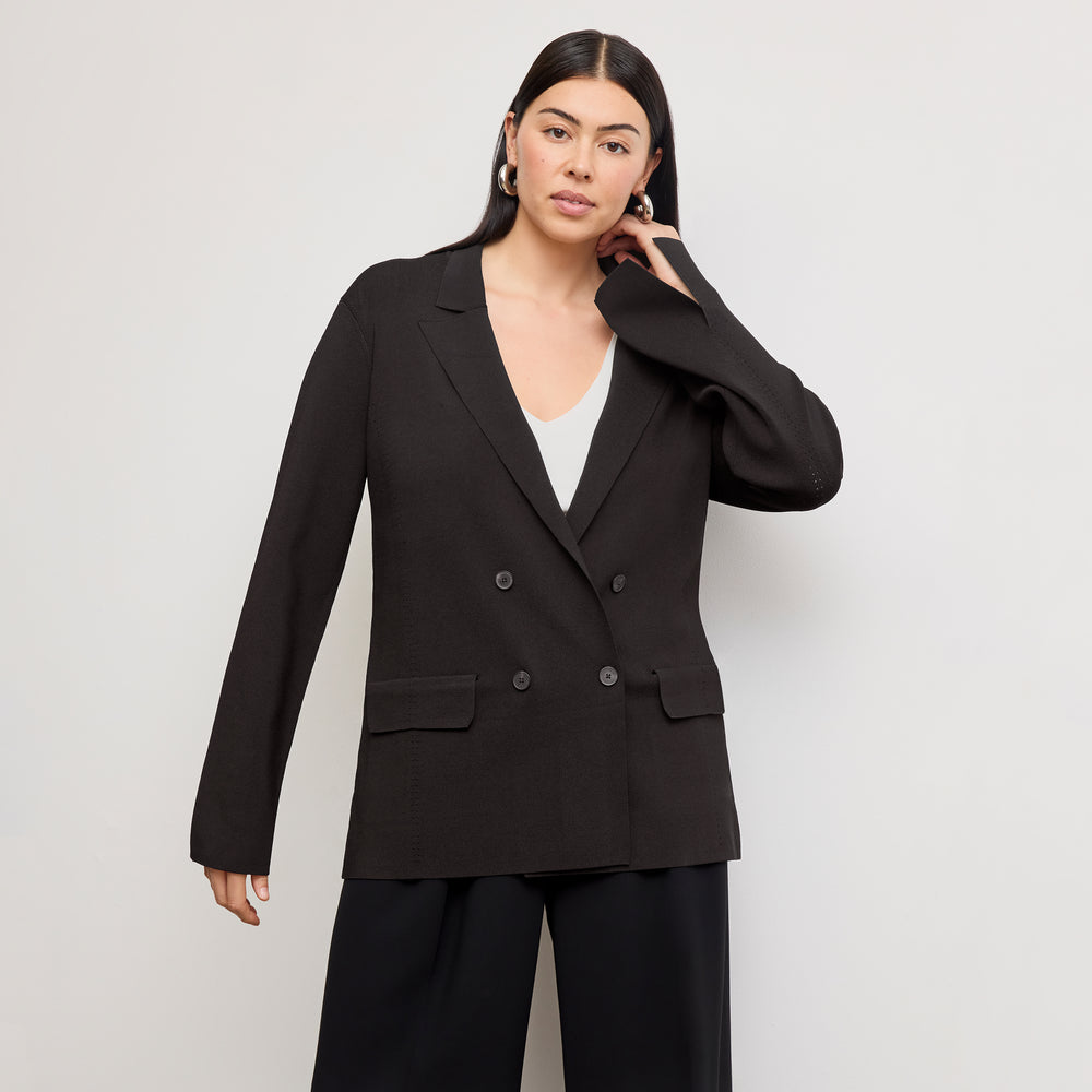 front image of a woman wearing the cody jardigan in black