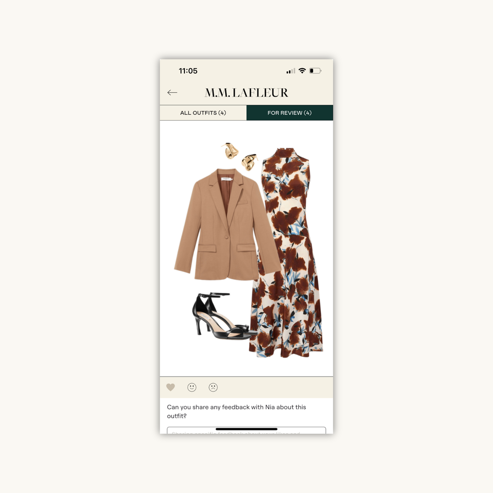 Phone screen showing a fashion outfit with a blazer, dress, and shoes on a white background