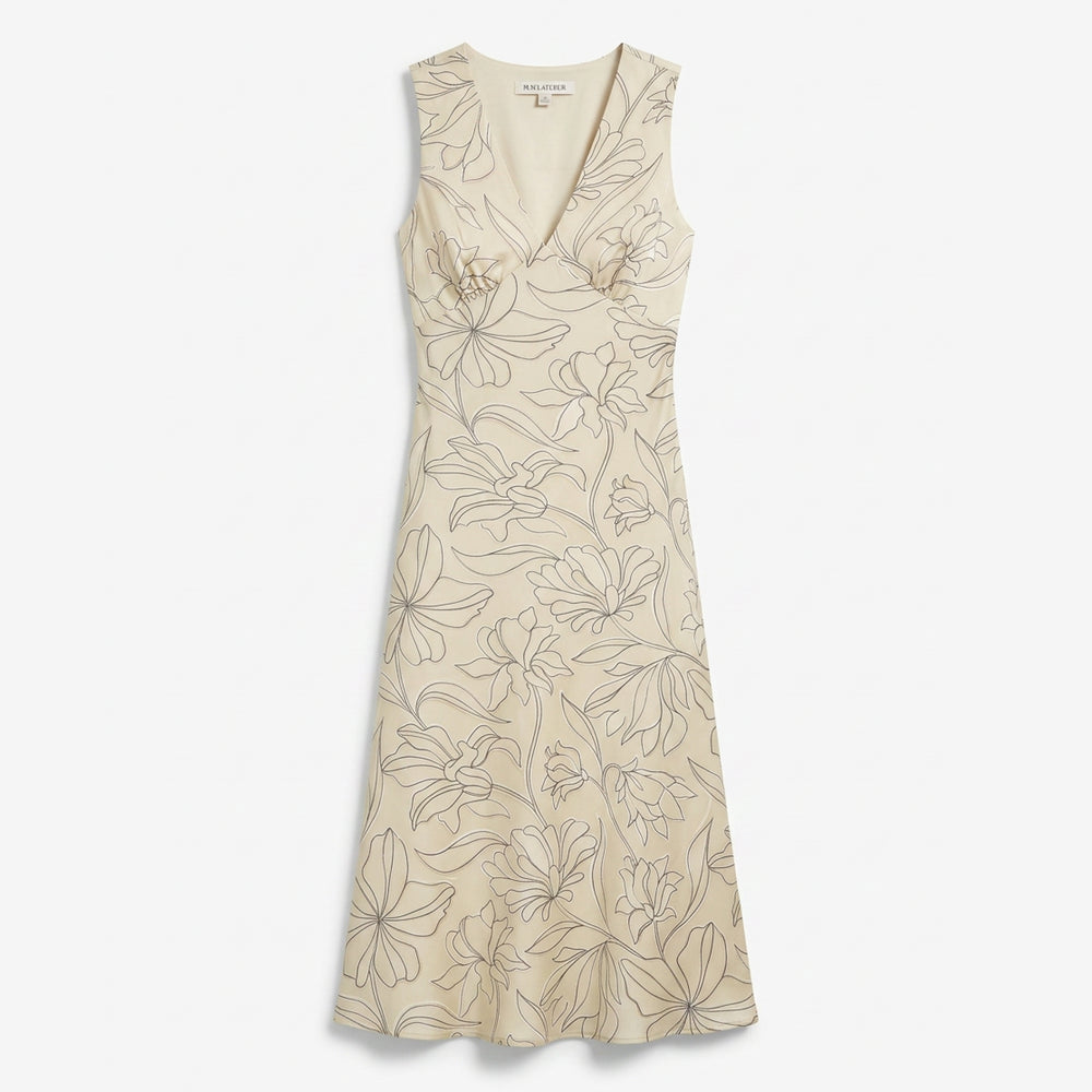 Beige sleeveless dress with floral pattern on a white background