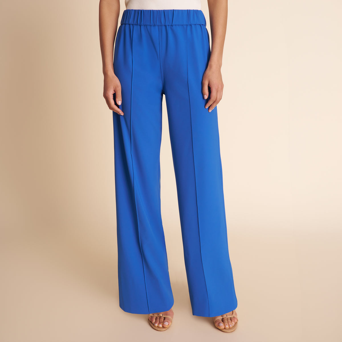 woman wearing bright blue wide leg pull-on pants