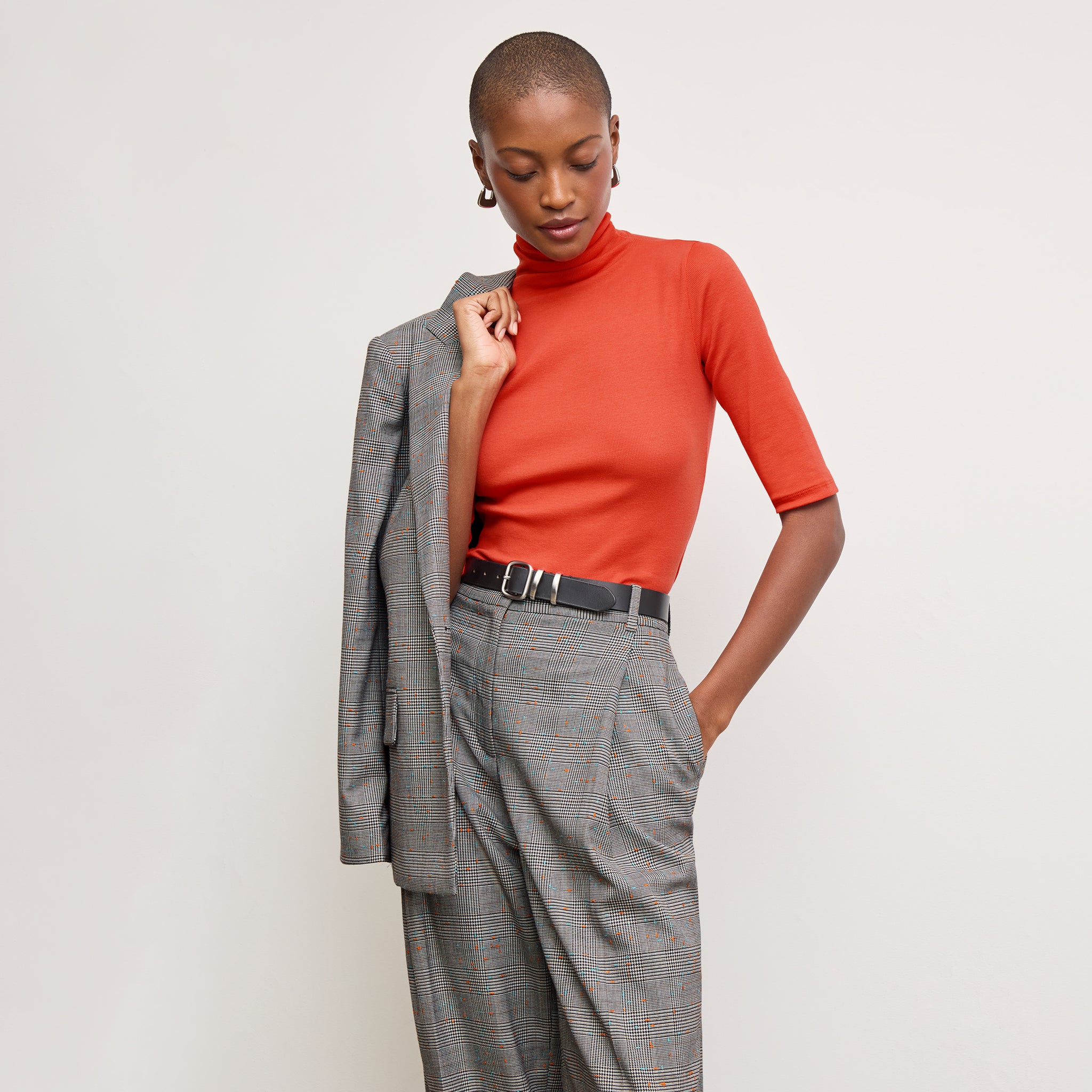 front image of a woman wearing the jax shirt in marmalade 