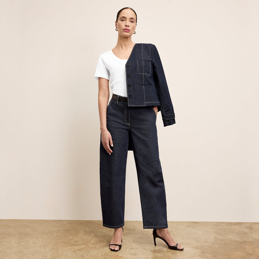 front image of a woman wearing the bari jean in midnight wash
