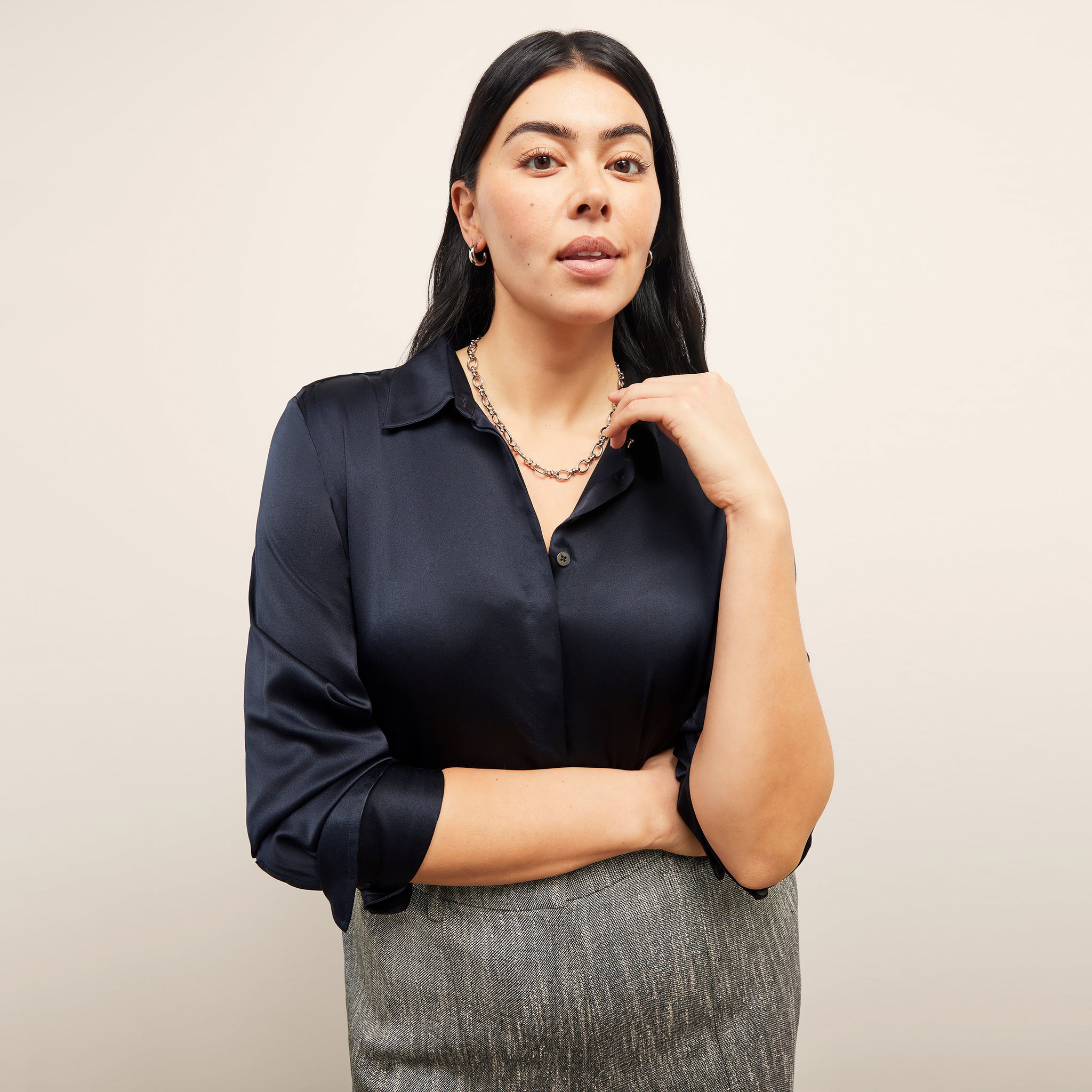 Front image of a woman wearing the Tatum Top in Galaxy Blue 