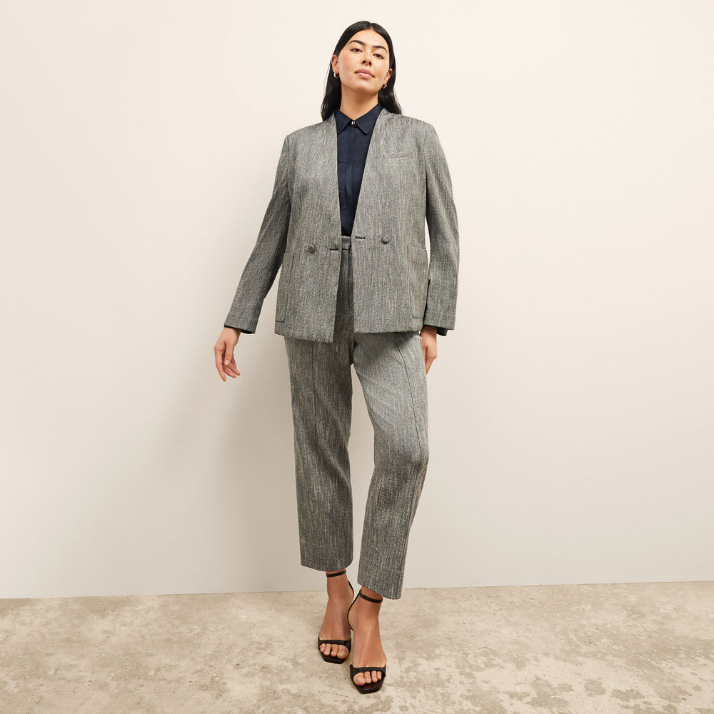 front image of a woman wearing the janette jacket in black/ivory