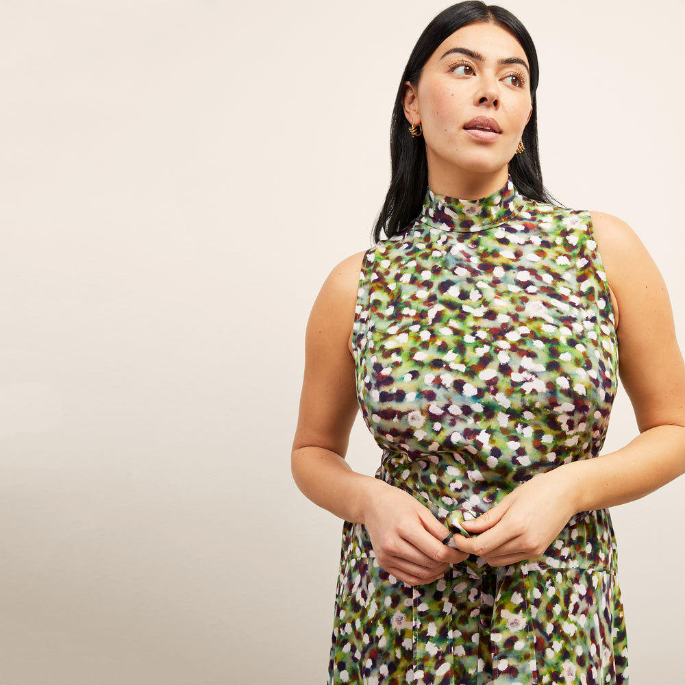 front image of a woman wearing the martina dress in spotlight print