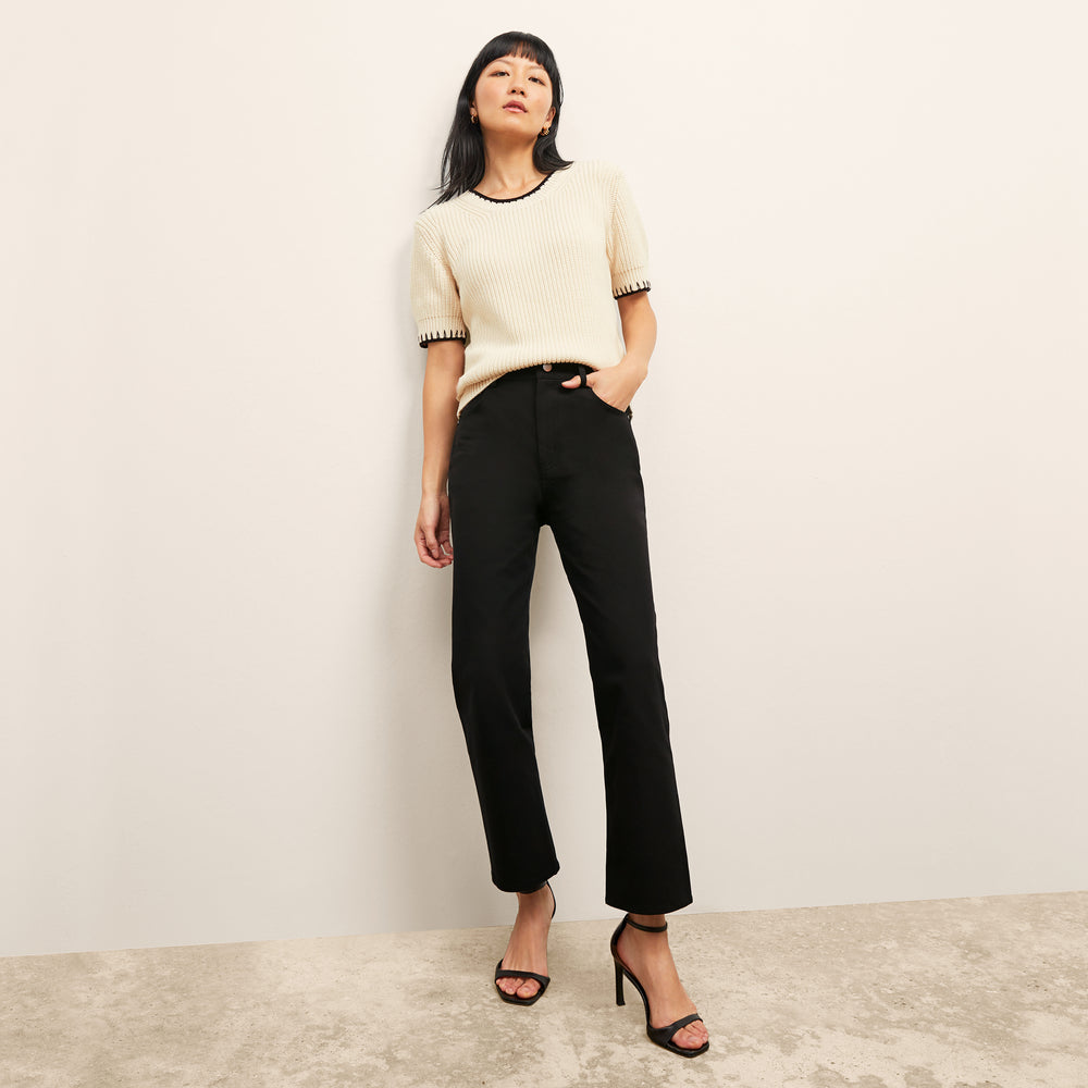 front image of a woman wearing the hallie top in contrast knit