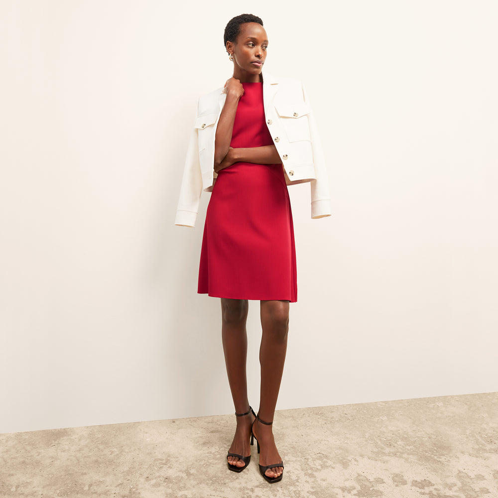 front image of a woman wearing the pauline dress in rhubarb