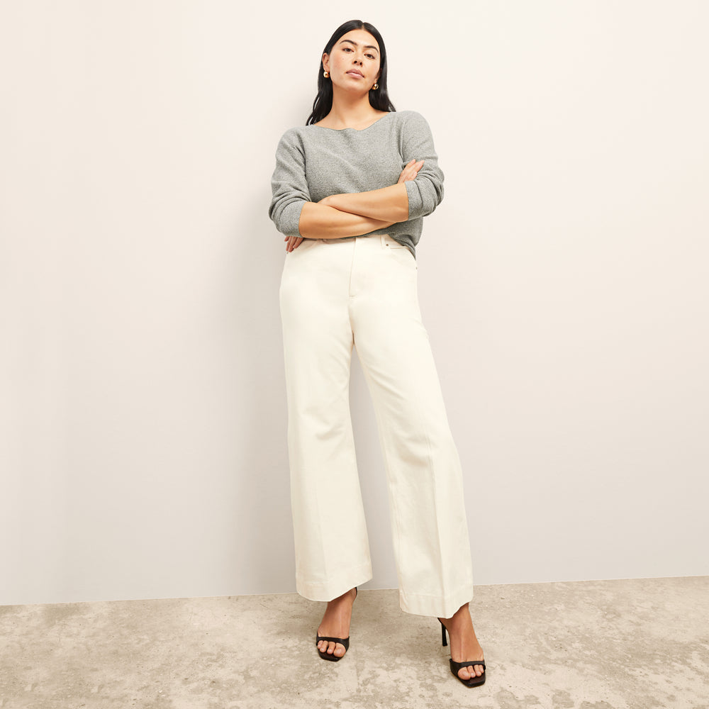 Front image of a woman wearing the Milo Jean in Tusk