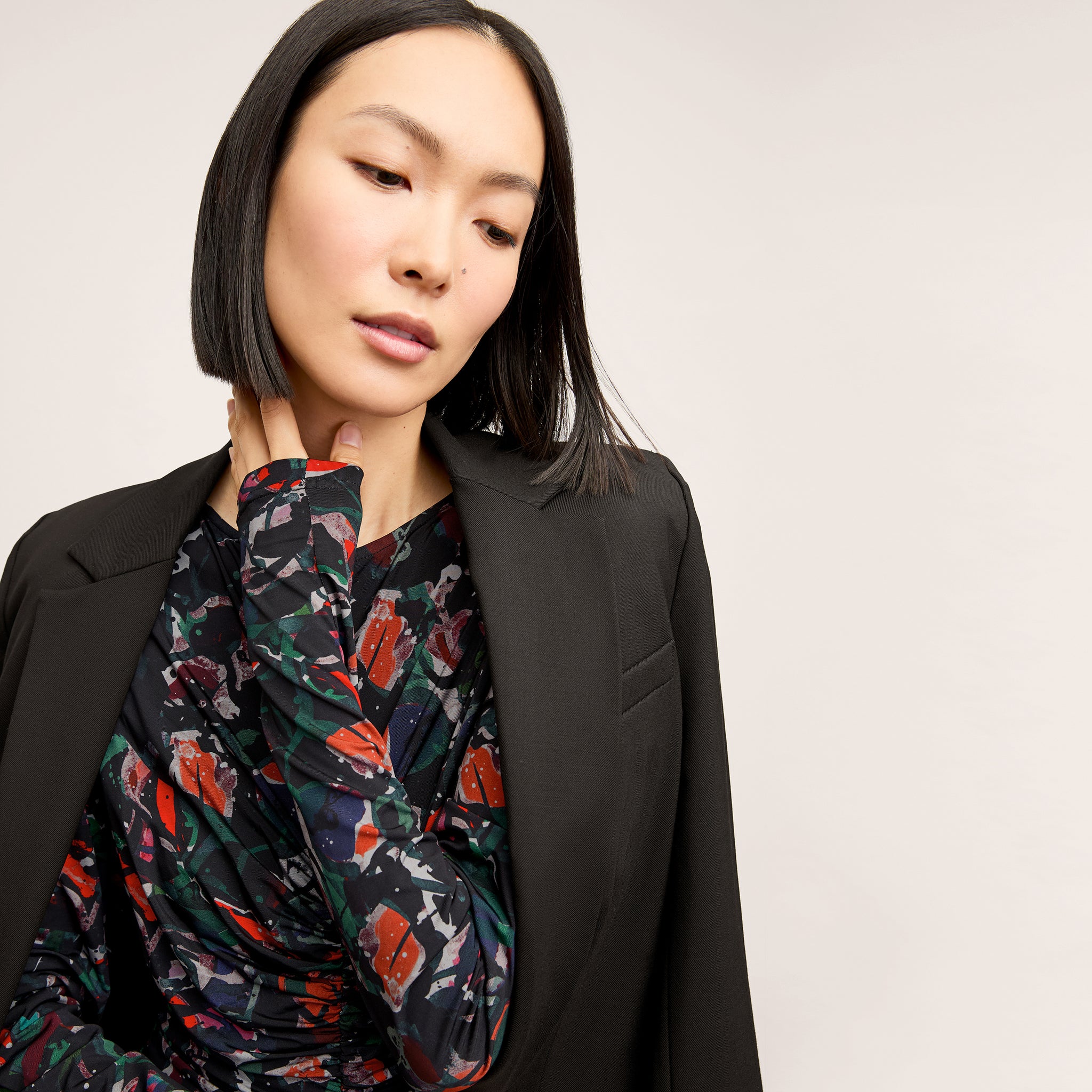 front image of a woman wearing the johnna dress in splatter pop