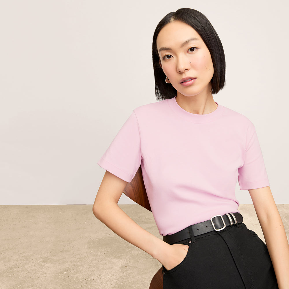 Front image of a woman wearing the Leslie Top in Hyacinth